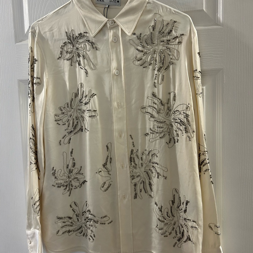 Zara Cream beaded long sleeve blouse